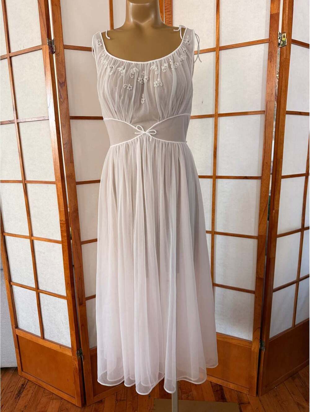 Vintage 1950s Carter's DuPont Nylon Nightgown Sheer White Embroidered Dress